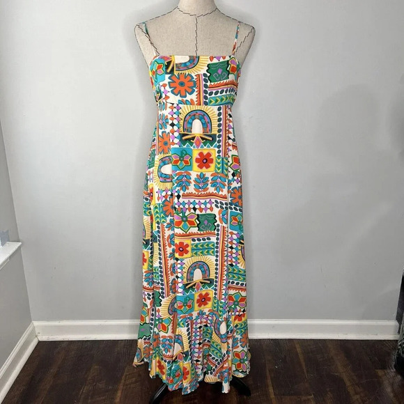 Paper Heart Anthropologie Aztec Sunrise Maxi Long Hi Lo Dress Ruffle Sz M - Picture 1 of 15